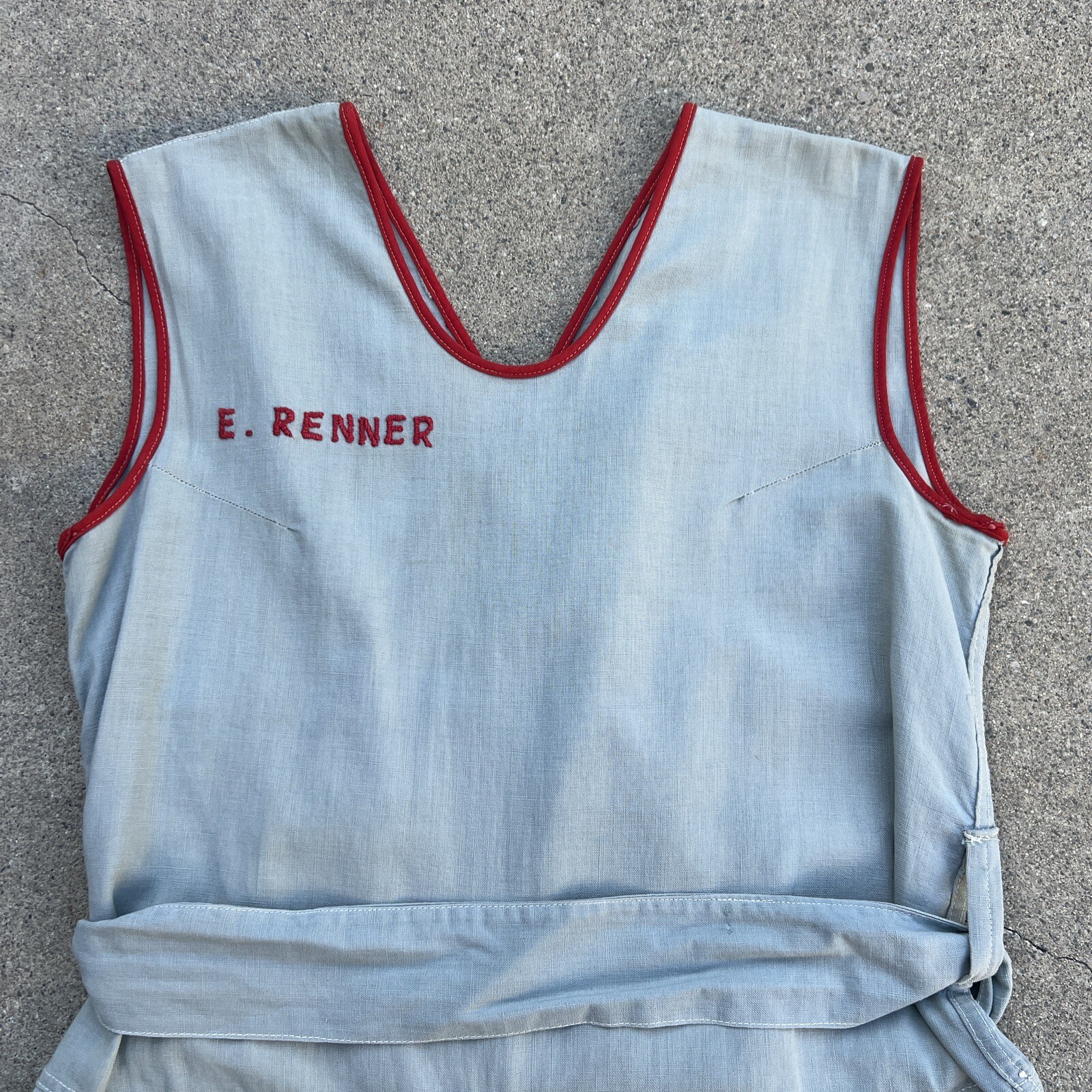 Vintage 1930s Blue Chambray Cotton Jumpsuit Playsuit Gym Outfit Romper Red Trim