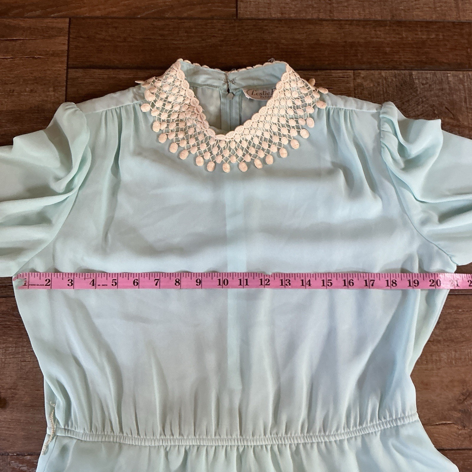 VTG Leslie Fay Petites Sz 14P Dress Mint Green Crochet Fringe Collar Peplum #41F