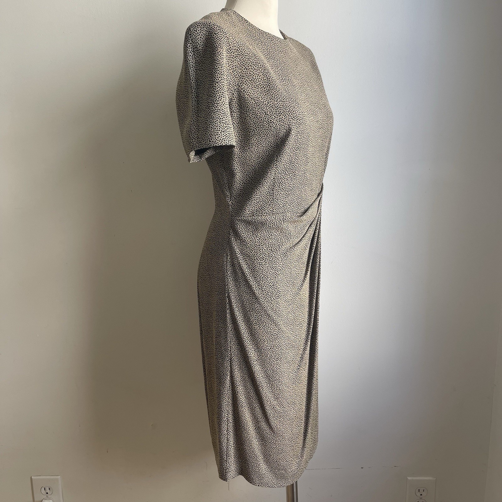Vintage 80s Tahari Faux Wrap Dress Midi Beige Black Short Sleeve Made USA Size 6