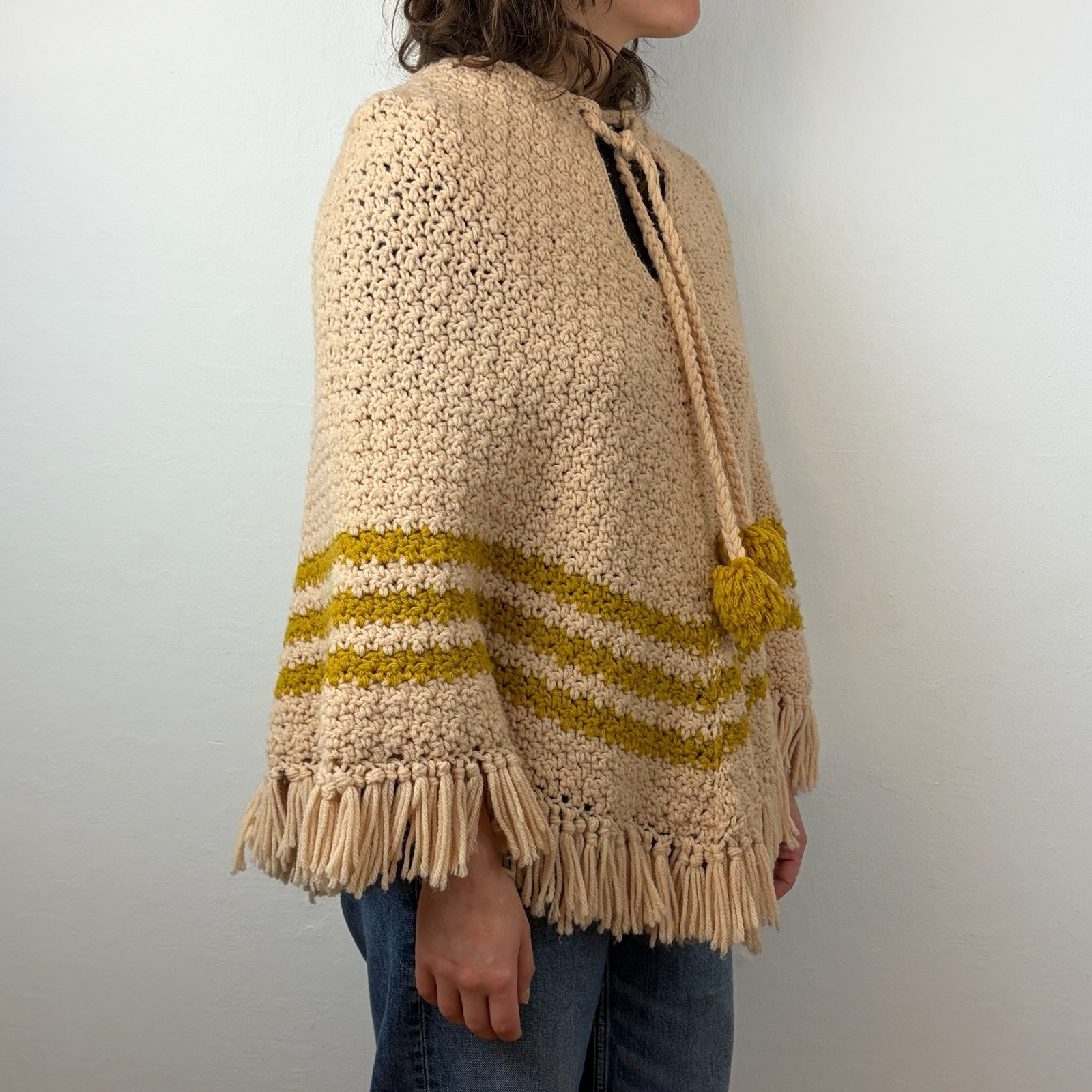 60’s 70’s Knit Crotchet Poncho Yellow Cream Fringe Boho Homemade Handmade