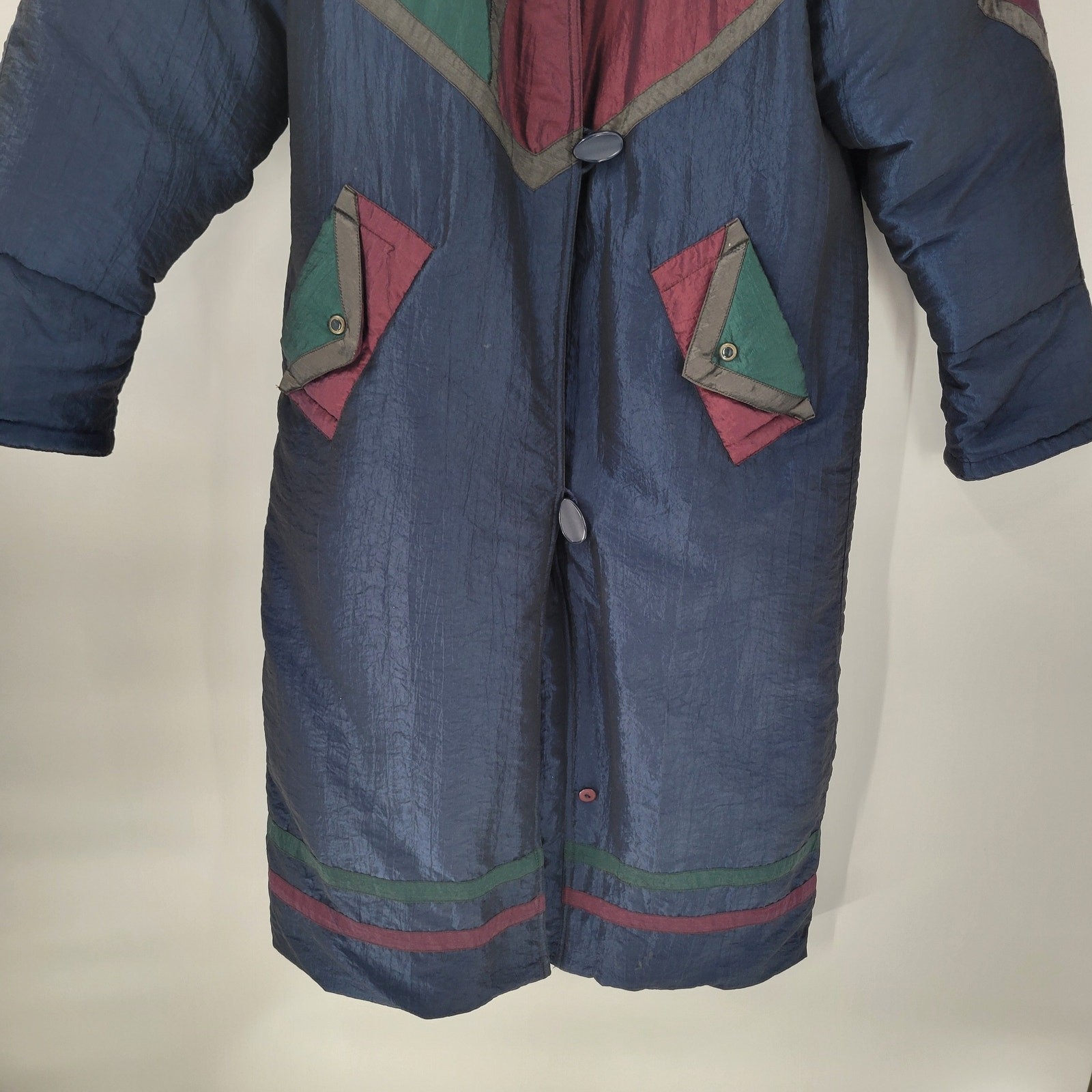 Vintage Down Fill Long Puffer Coat S Blue Red Geometric Colorblock High Collar