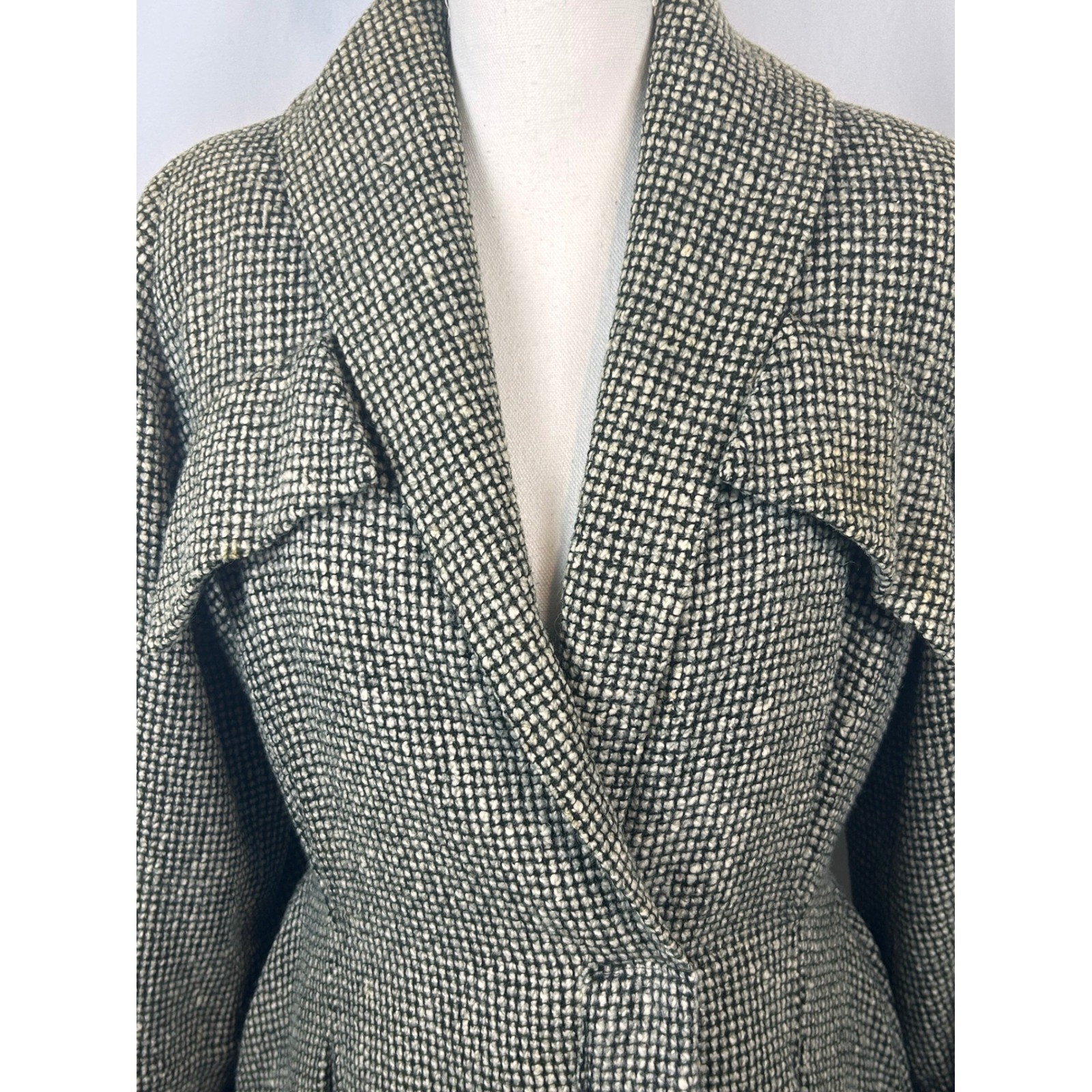 Vintage Great Britain Black White Tweed Wool Maxi Coat Long Trench Jacket Womens