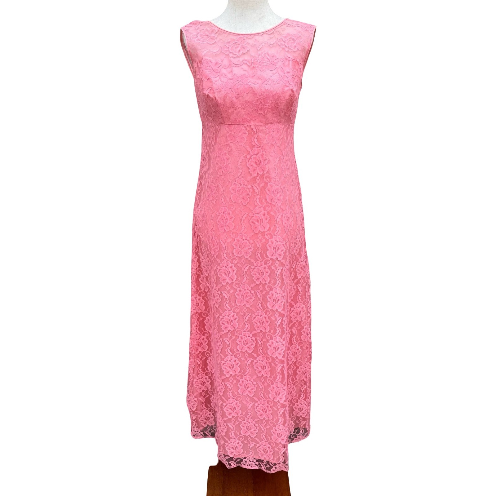 Vintage 60s 70s Pink Coquette Floral Lace Maxi Dress Low Back Bow Chiffon Pleat
