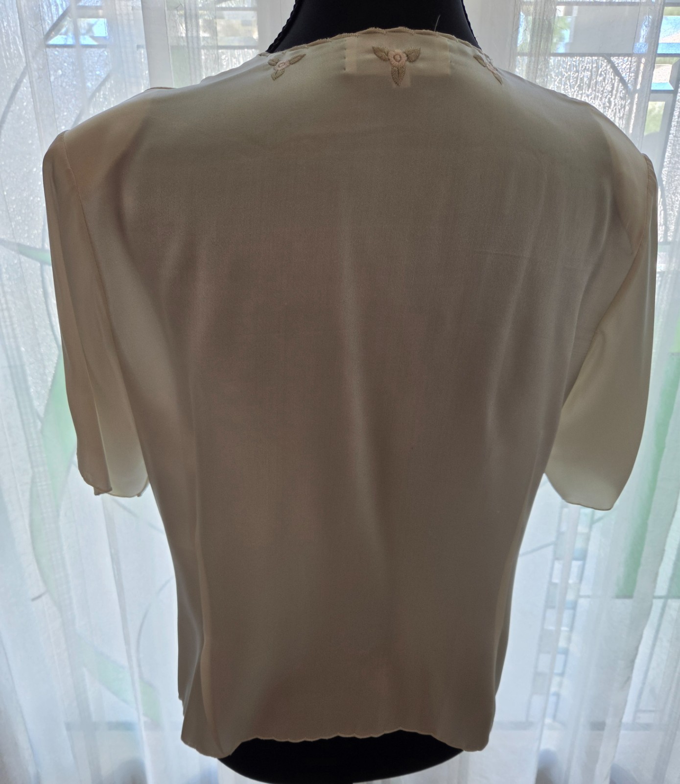 Vintage Silk Blouse with Embroidered Pastel Pink Roses and open Cutwork