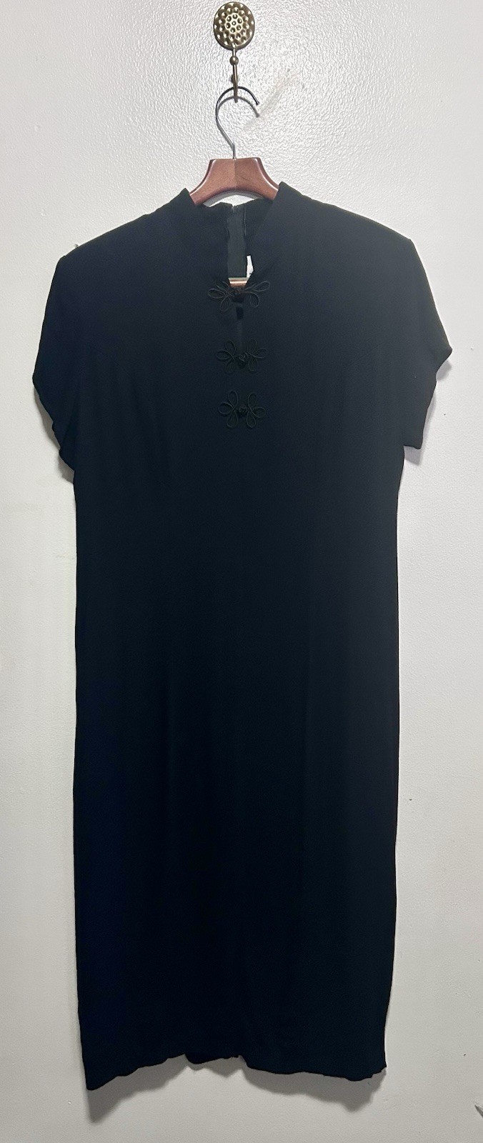 VTG CW Rose Dress Size 14 Black Short Sleeve Chinese Style Mandarin Collar 90s