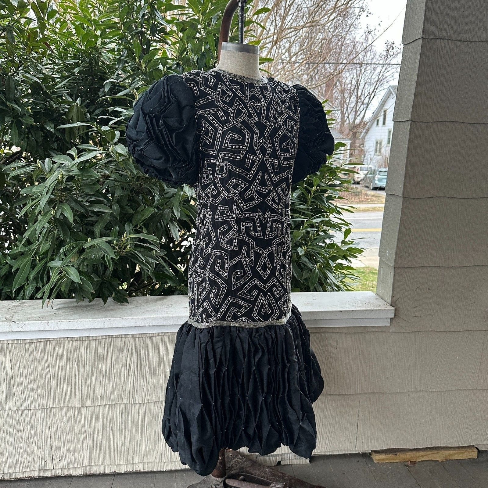Vintage Beaded Silk Dress Black Puff Sleeve Sm Avant-Garde Judith Ann Creations