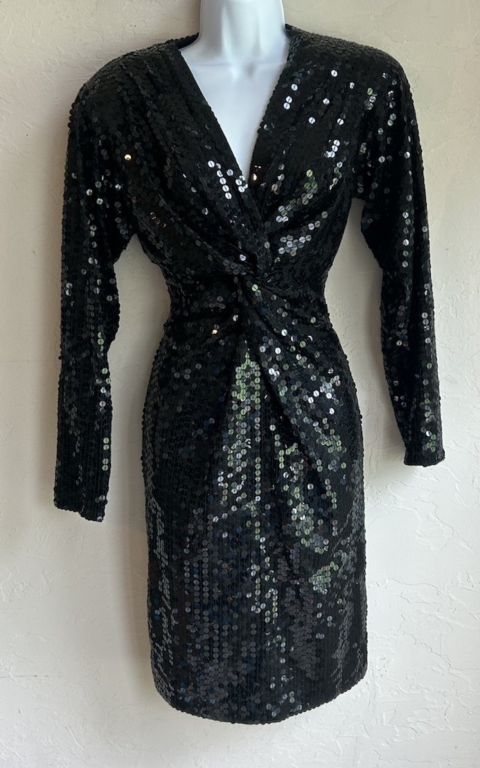 Vintage 80s 90s Niteline Black Sequin Dress 8 Glam Party Disco Retro Twist