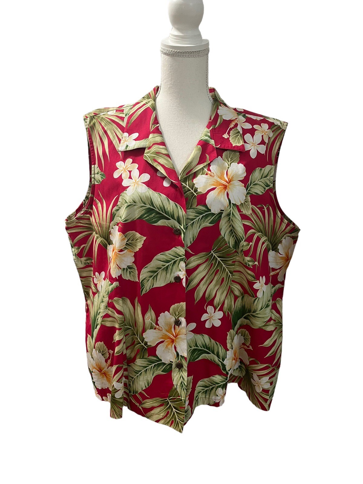 Vintage Bishop St. Red Floral Hawaiian Print Sleeveless Top 3X