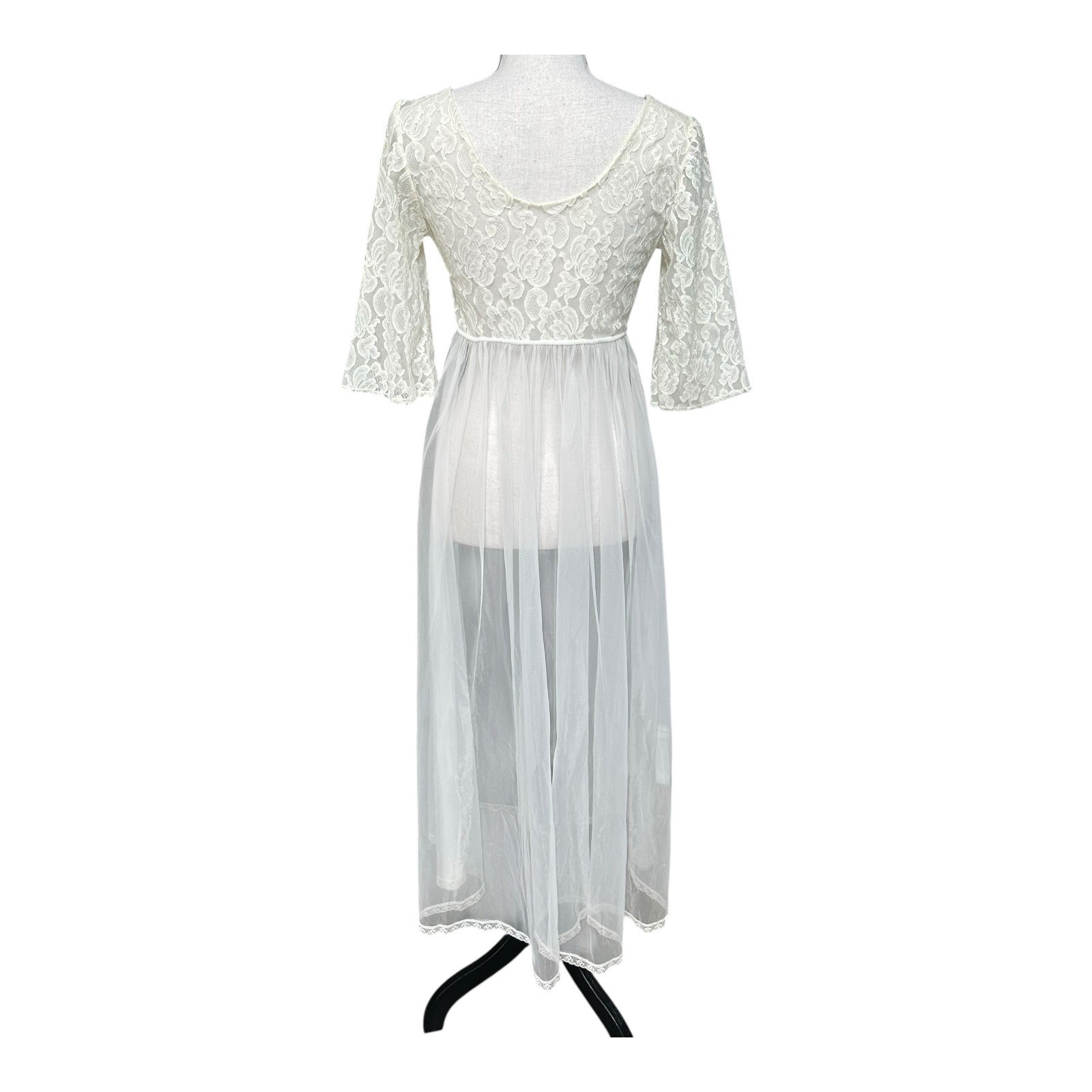 VTG 70s White Lace Sheer Robe Peignoir 3/4 Bell Sleeve Romantic Bridal Med