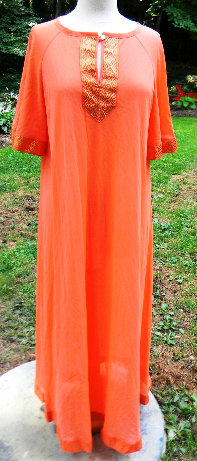 Vintage Enka Crepeset Mistee Nightgown Loungewear Orange Gold Trim Caftan Robe M