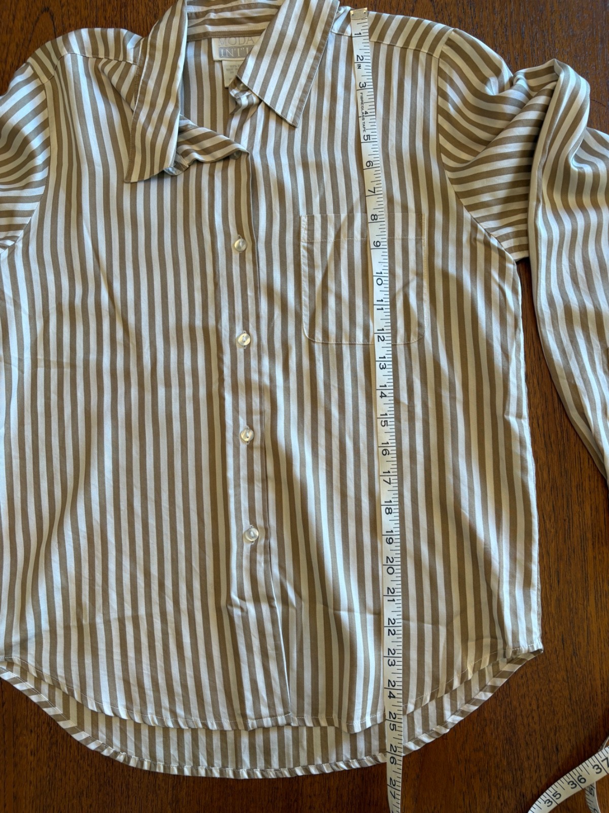 Vintage 1990s Silk Nude Striped Button Down Blouse M Sleek Minimalist Polished