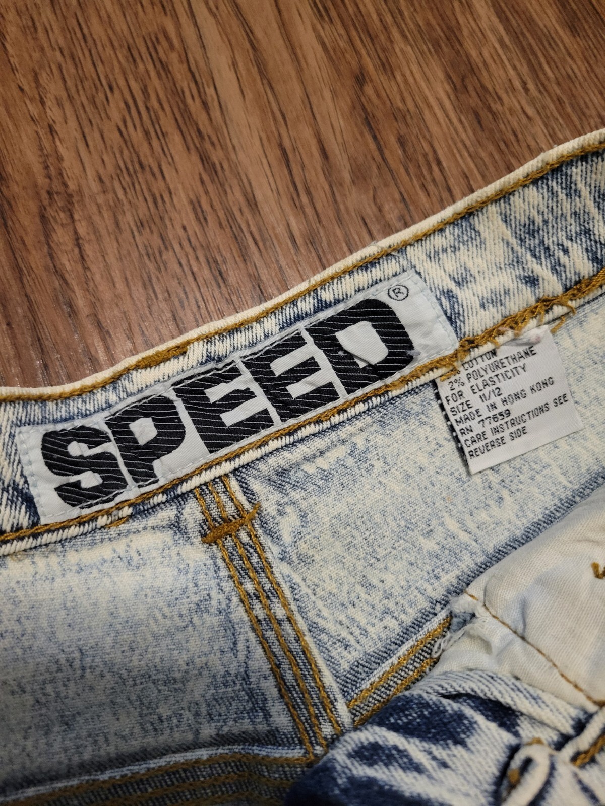 Vintage 90s Acid Stonewashed Jeans Speed Denim Sz 11/12 Frayed Patch Stretch 80s
