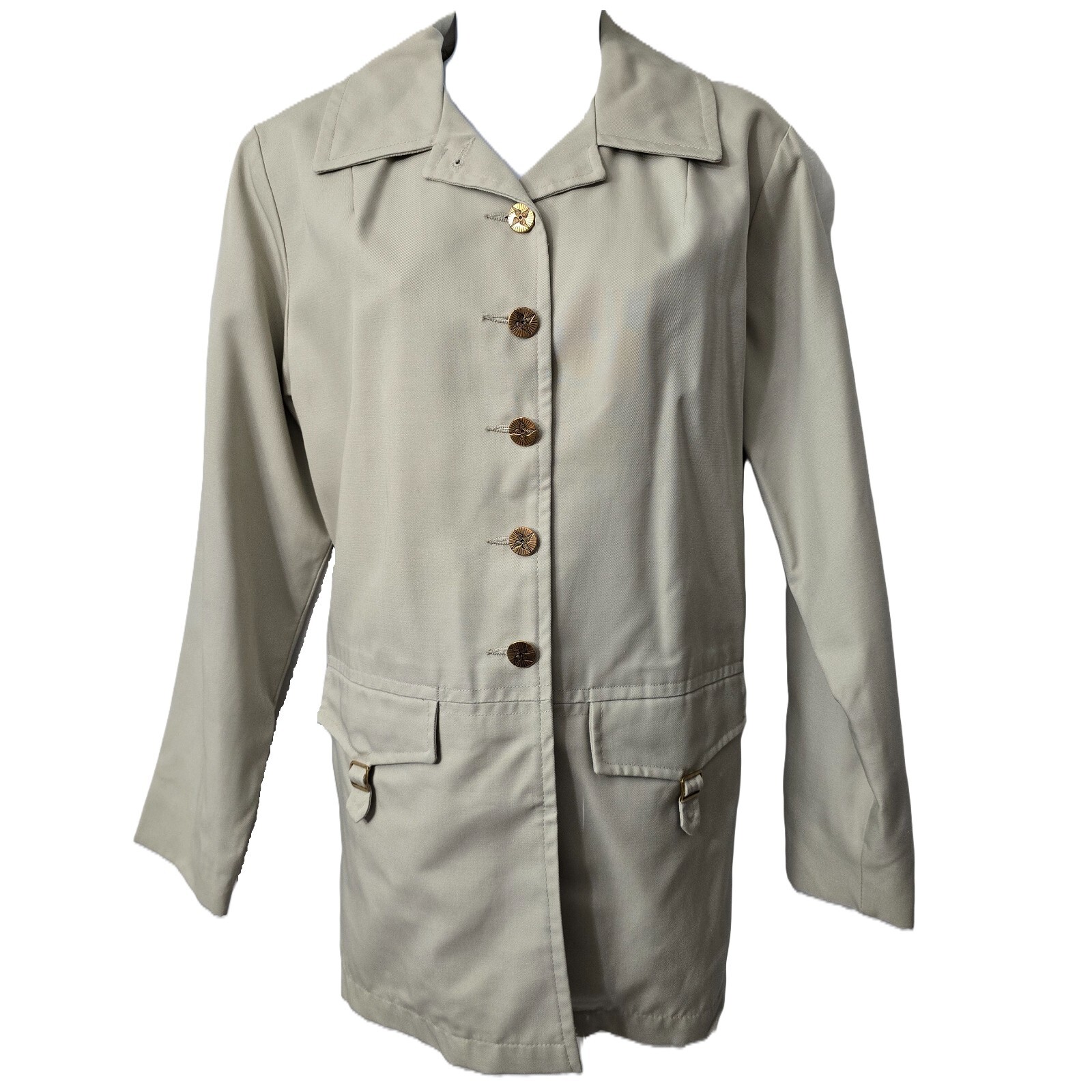 Vintage Chore Trench Jacket 10 Lined Pockets Khaki 80s Career Classic Lady Grais
