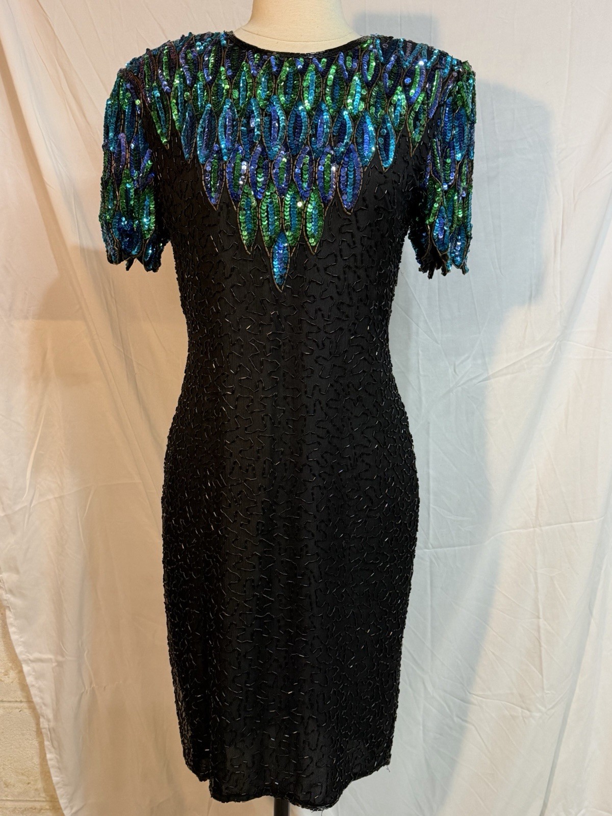 Vintage Stenay 100% Silk Peacock Sequin Beaded Dress | Size 4 | 80s Evening