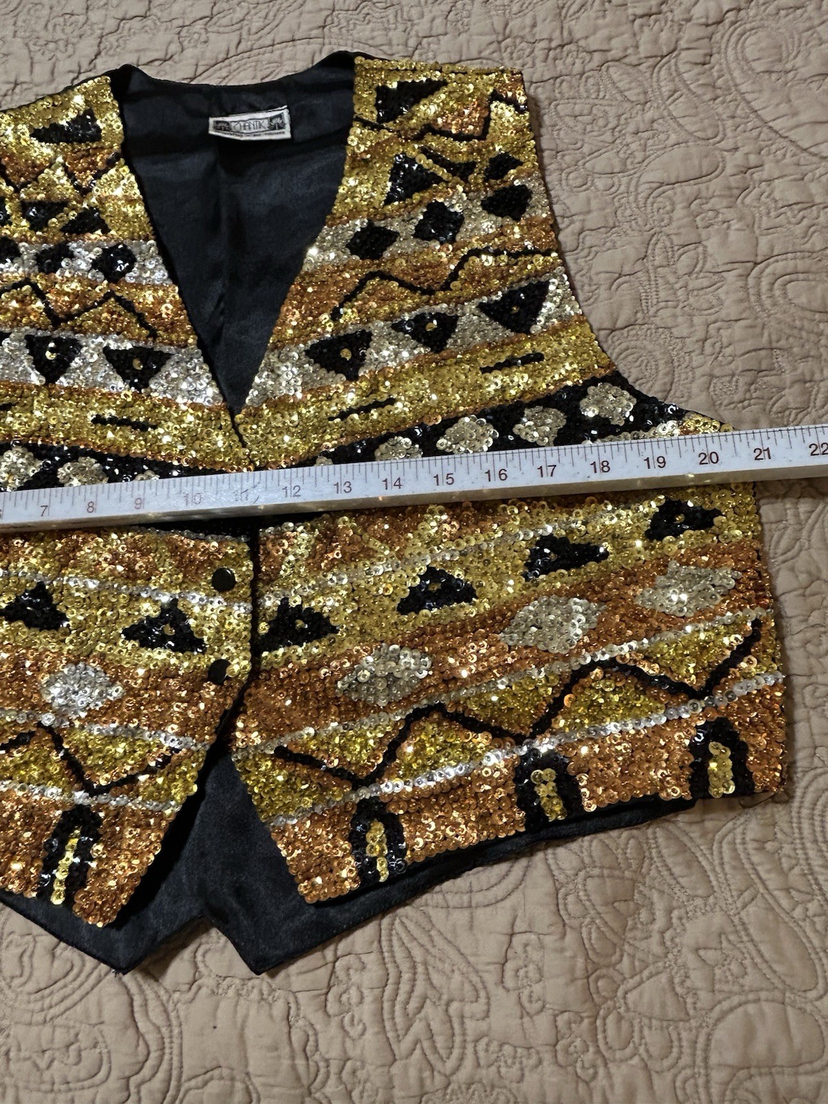 VTG Womans Size L Vest Sequin Beaded Gold Handmade Adj waist Casino Dealer
