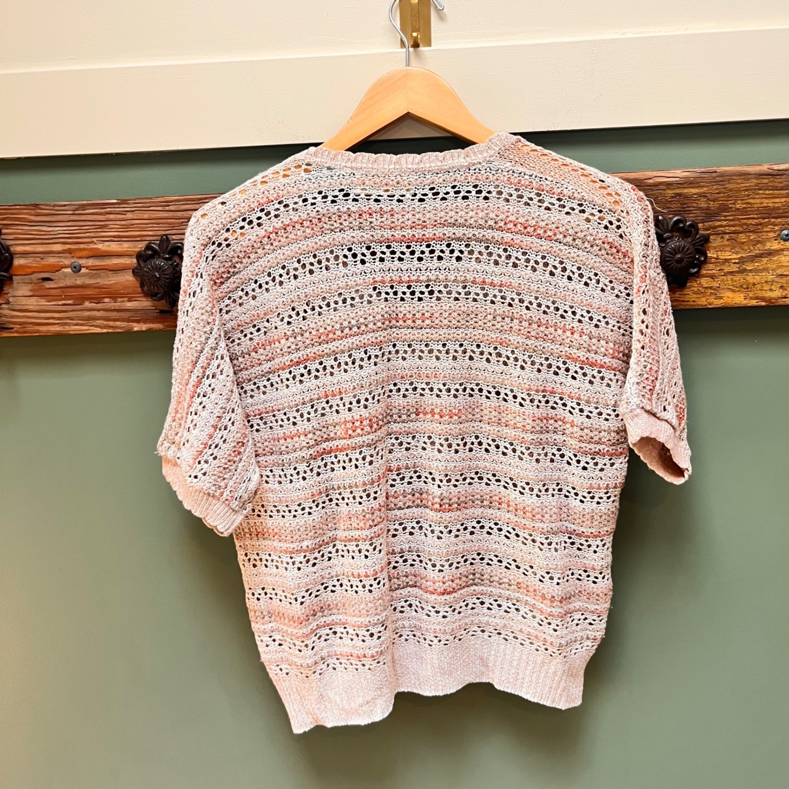 Its Pure Gould Vintage V-Neck Open Knit Striped Short Sleeve Sweater Peach Tan