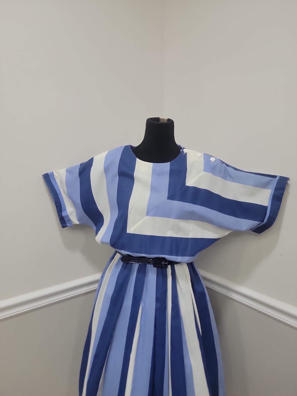 80s Blue White Striped Dolman Sleeve Pleated Dress Belted Nautical Party Dress