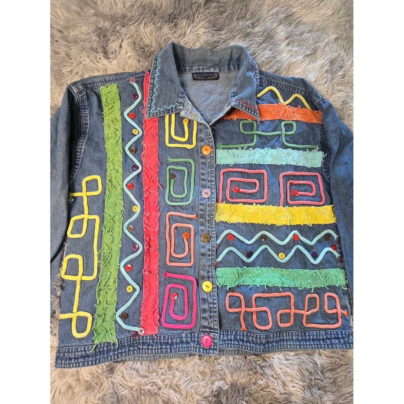 Vintage New Directions Light Blue Denim Shirt with Fun Embroidered Pattern