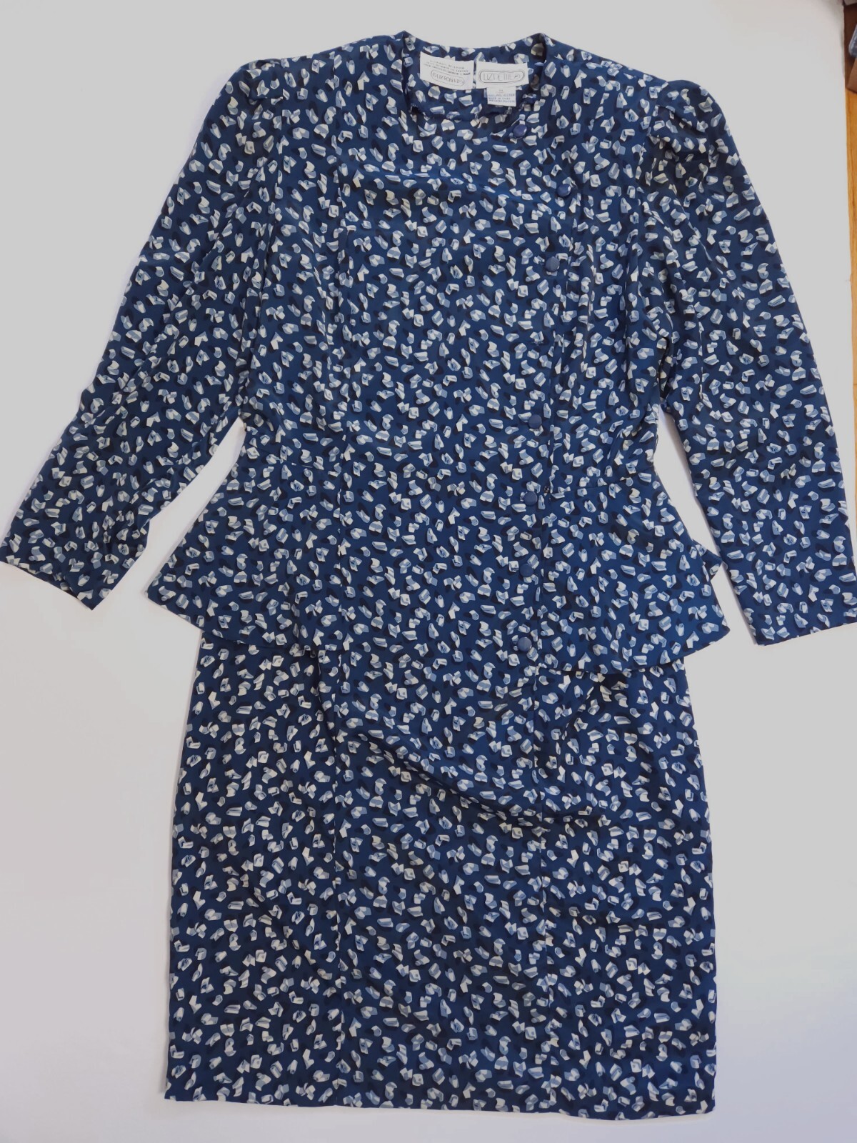 Liz Roberts Petites Vintage Marine Blue Abstract Peplum Dress 80s Women’s Medium