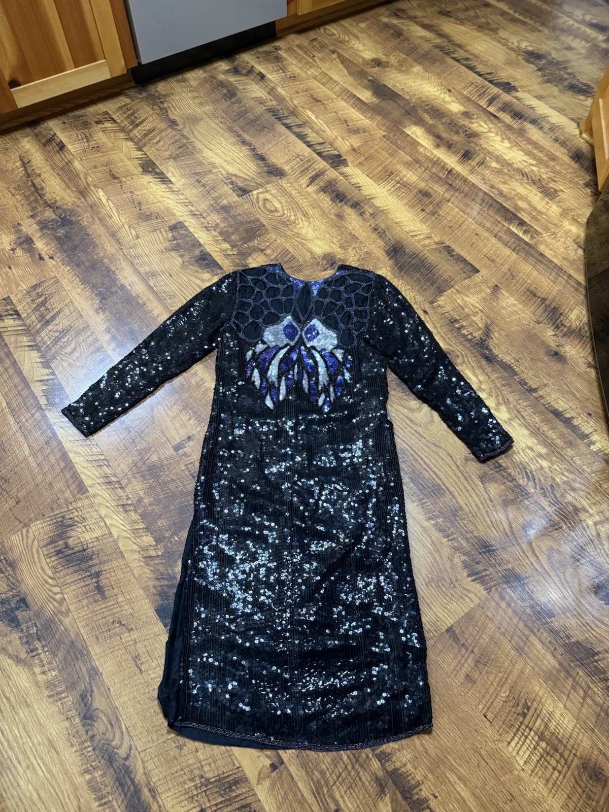 Vintage 1980s HEAVILY Beaded Black Silk Cut Out Butterfly Party Dress Sequins M