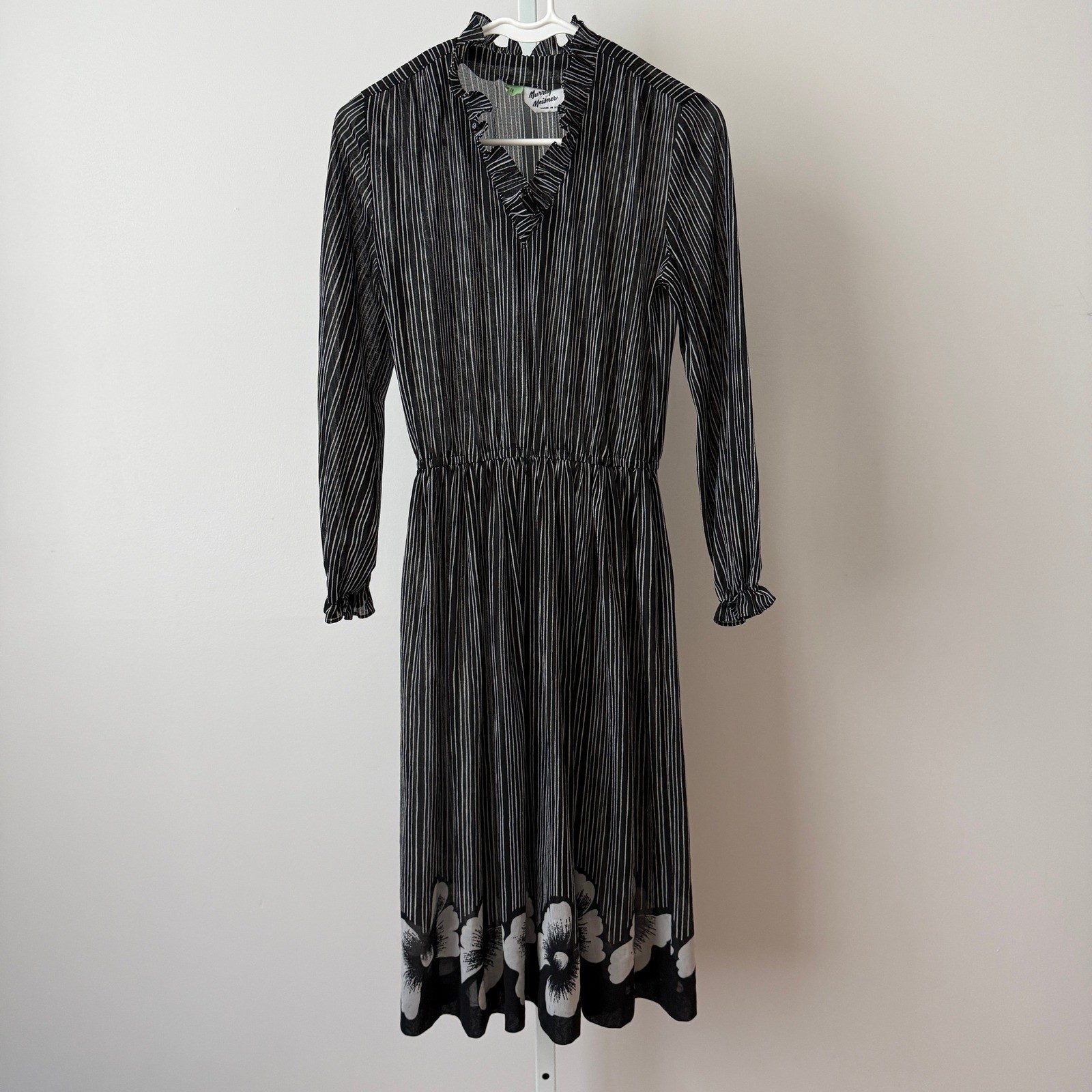 Murray Meisner 10 Black Sheer Stripe Floral Border Ruffle Neck Vintage Dress