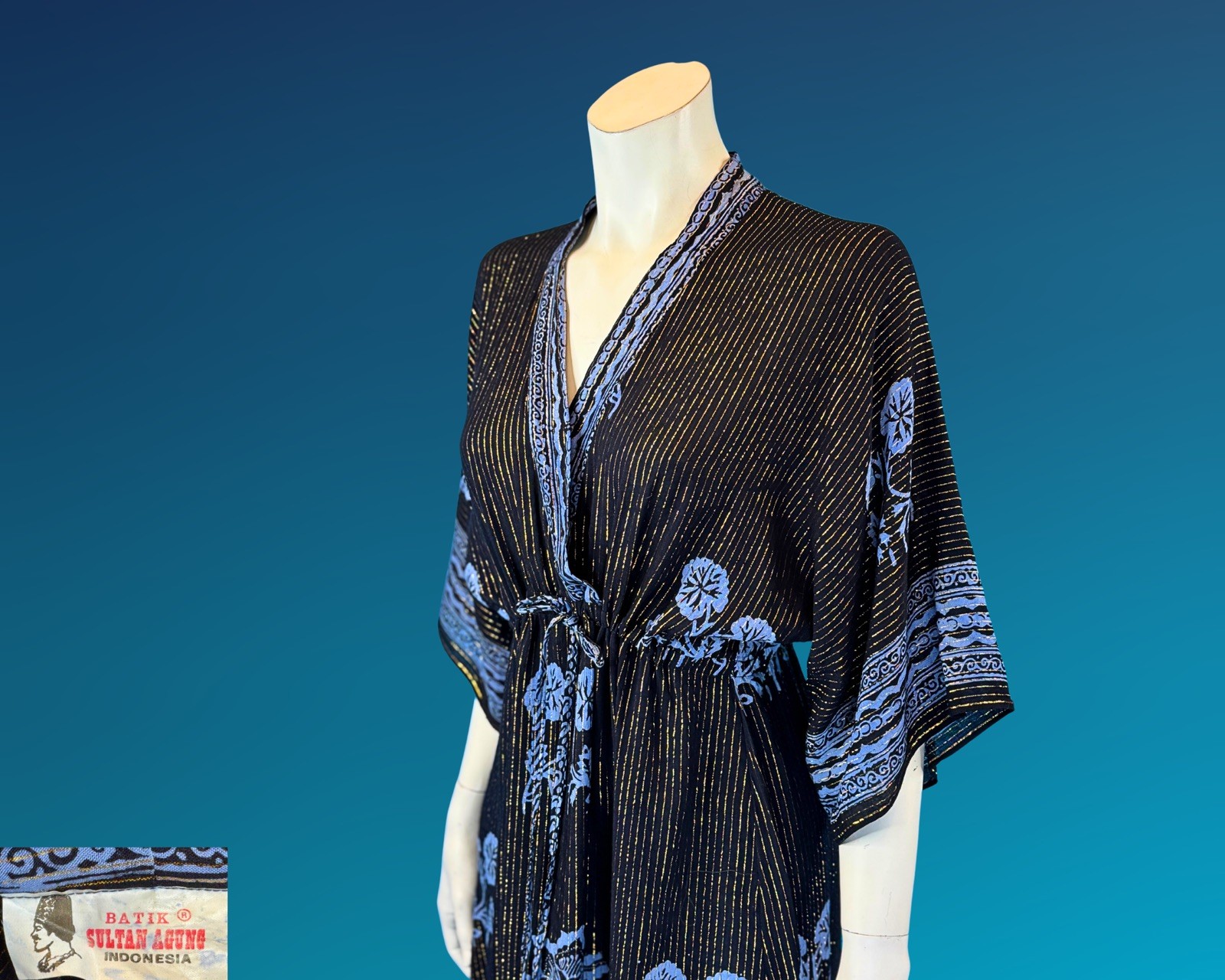 90s Gold Metallic Stripe Black and Blue Rayon Kaftan Dress | S M