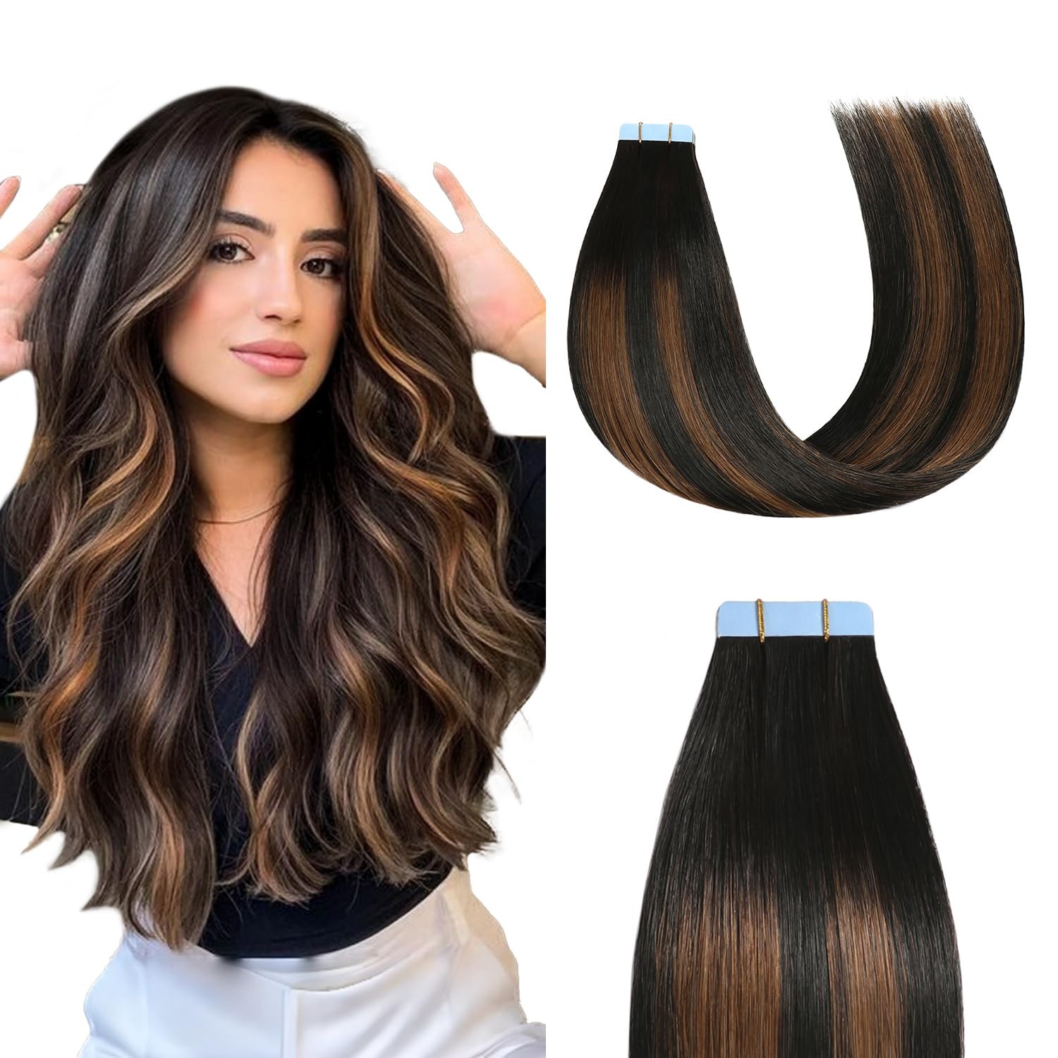 Sunya Tape in Hair Extensions Human Hair Balayage Natural Black to Chestnut Brow