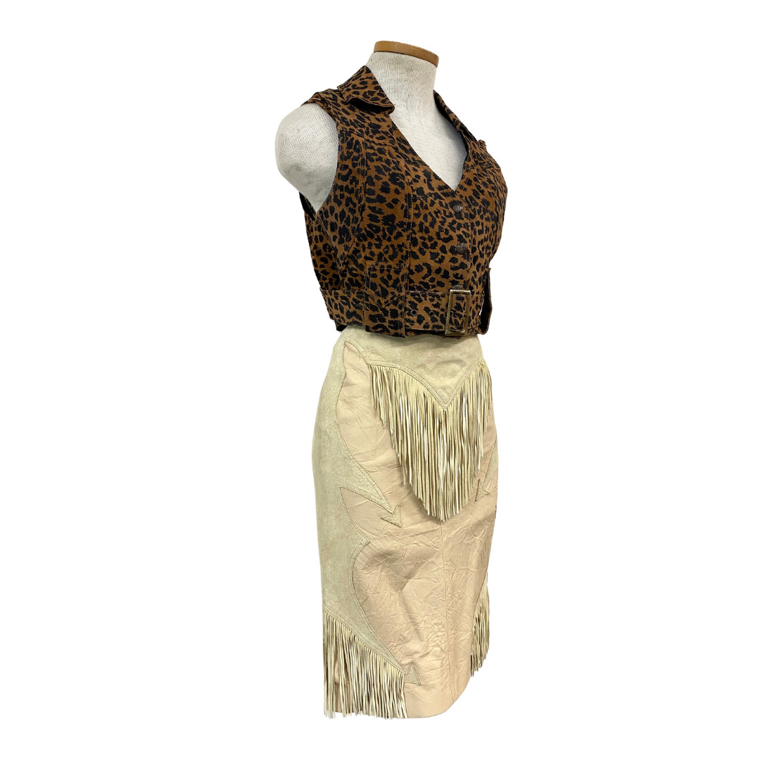 Vtg 80s 1980s Easy Rider Motorcycle Cheetah Print Bustier Cropped Vest Set