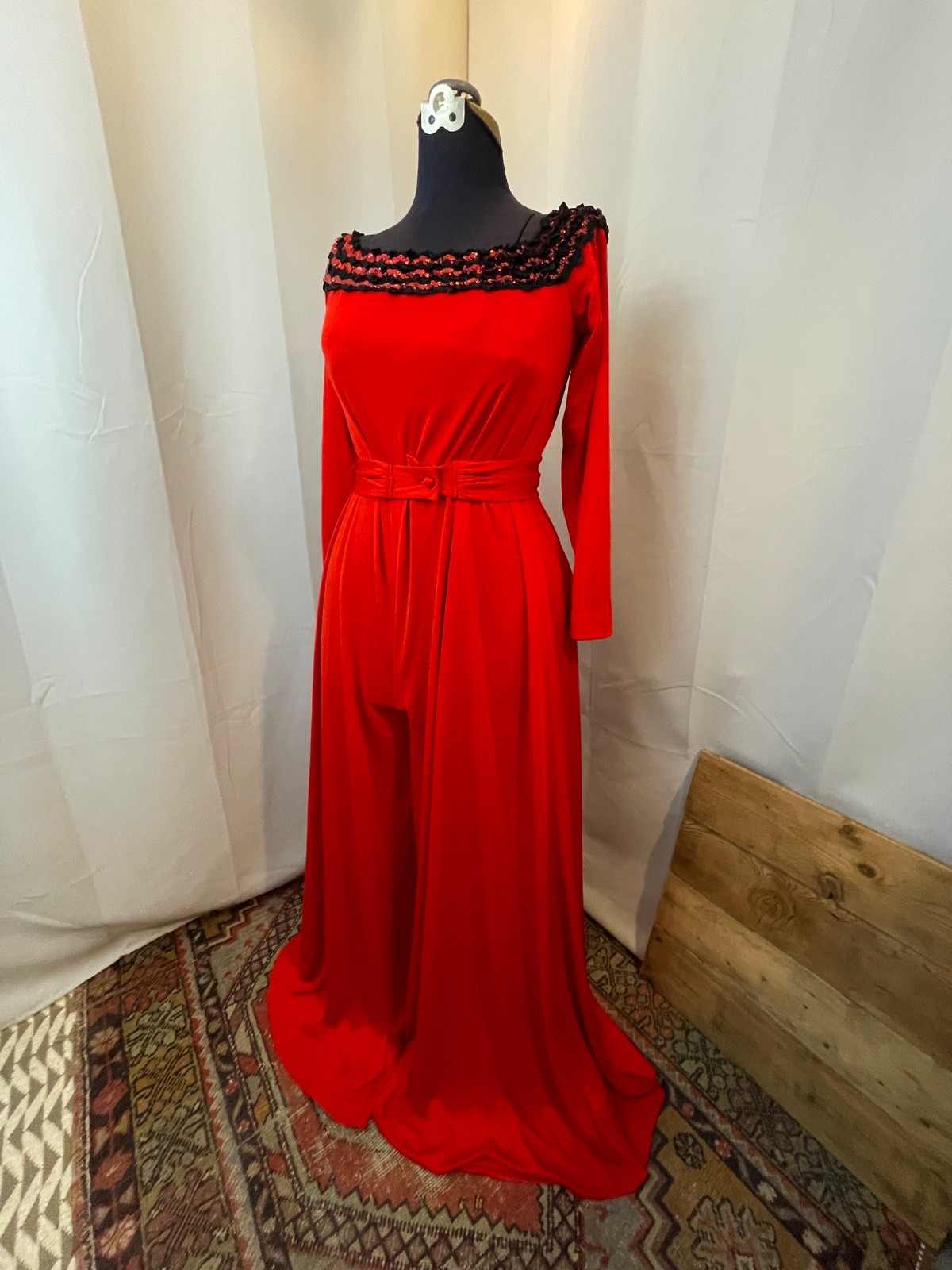 1970s Vintage Jumpsuit Red and Black Formal Sequins Glam Disco 12 M L