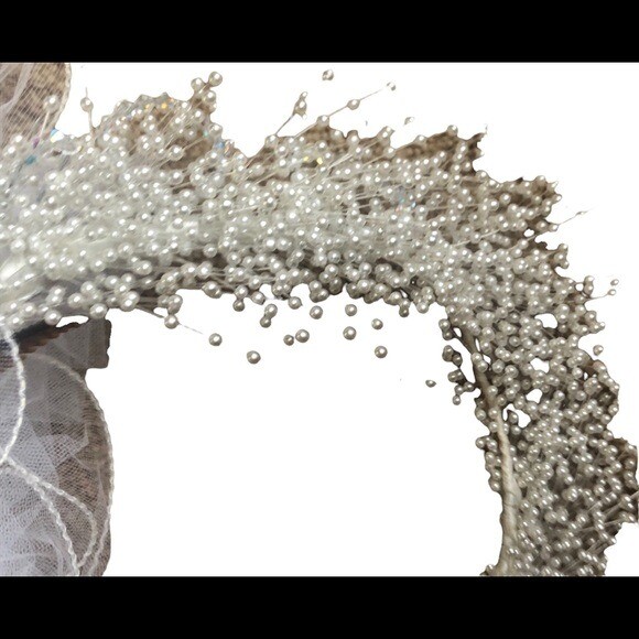 Vintage Wedding Veil Mid Length Tulle Tiny White Seed Pearls Headband 41” White