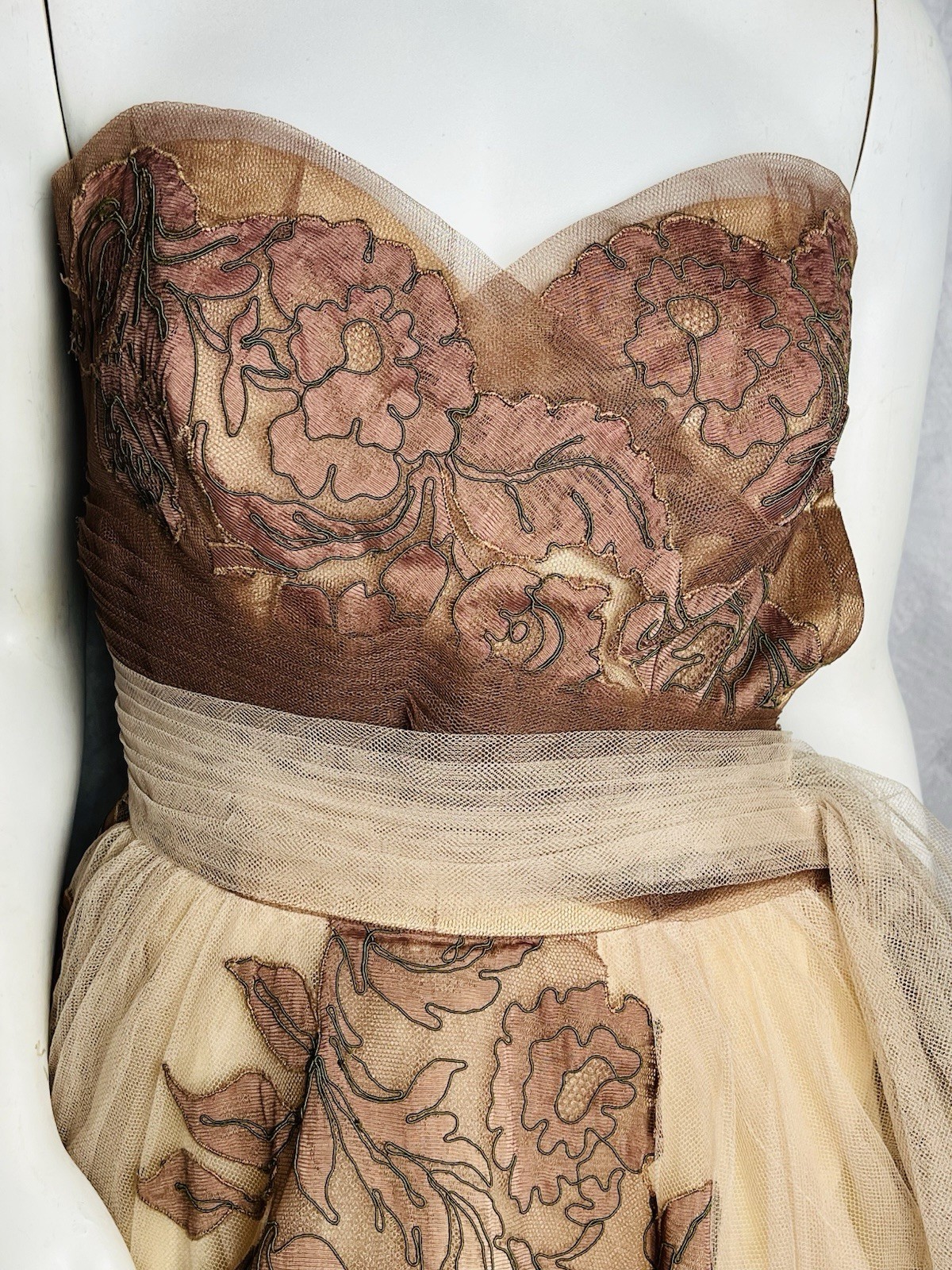 Vintage 1950s Will Steinman Strapless Pink Tulle Applique Full Skirt Gown Dress