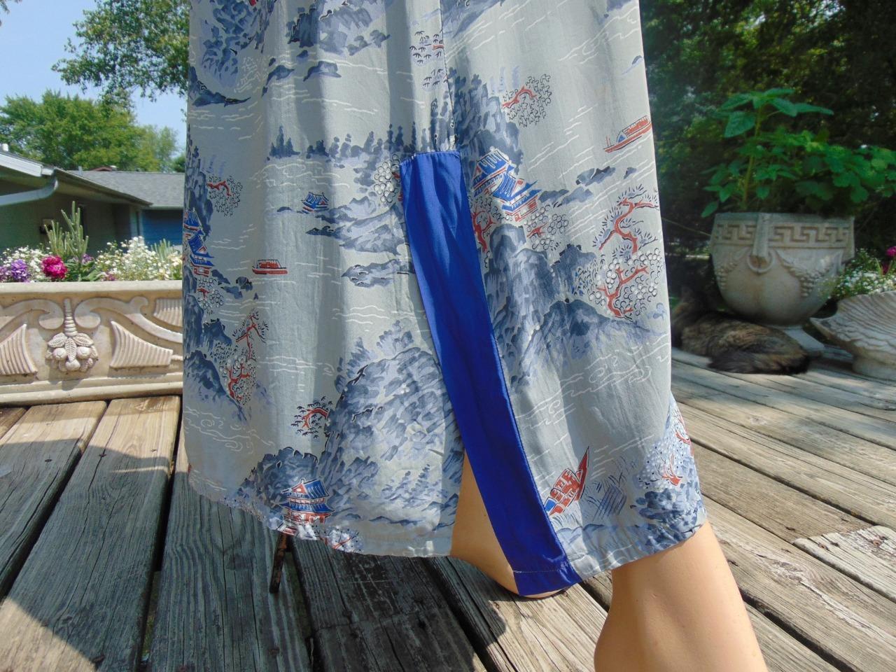 VTG 40s Malihini Hawaii Gray & Blue Rayon Pake Muu 28W