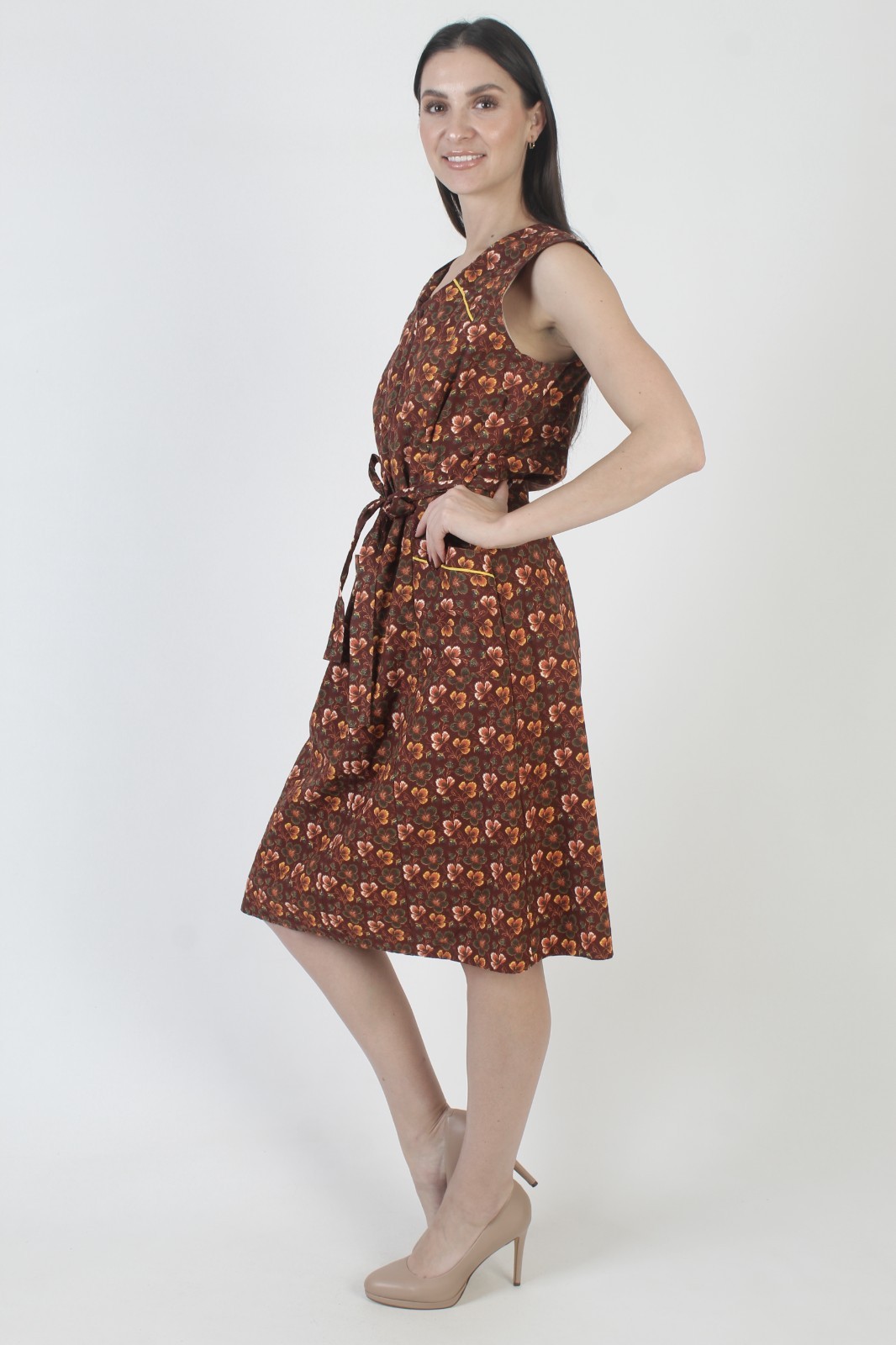Vtg 70s Brown Calico Sundress Belted Autumnal Prairie Front Zip Pockets Dress