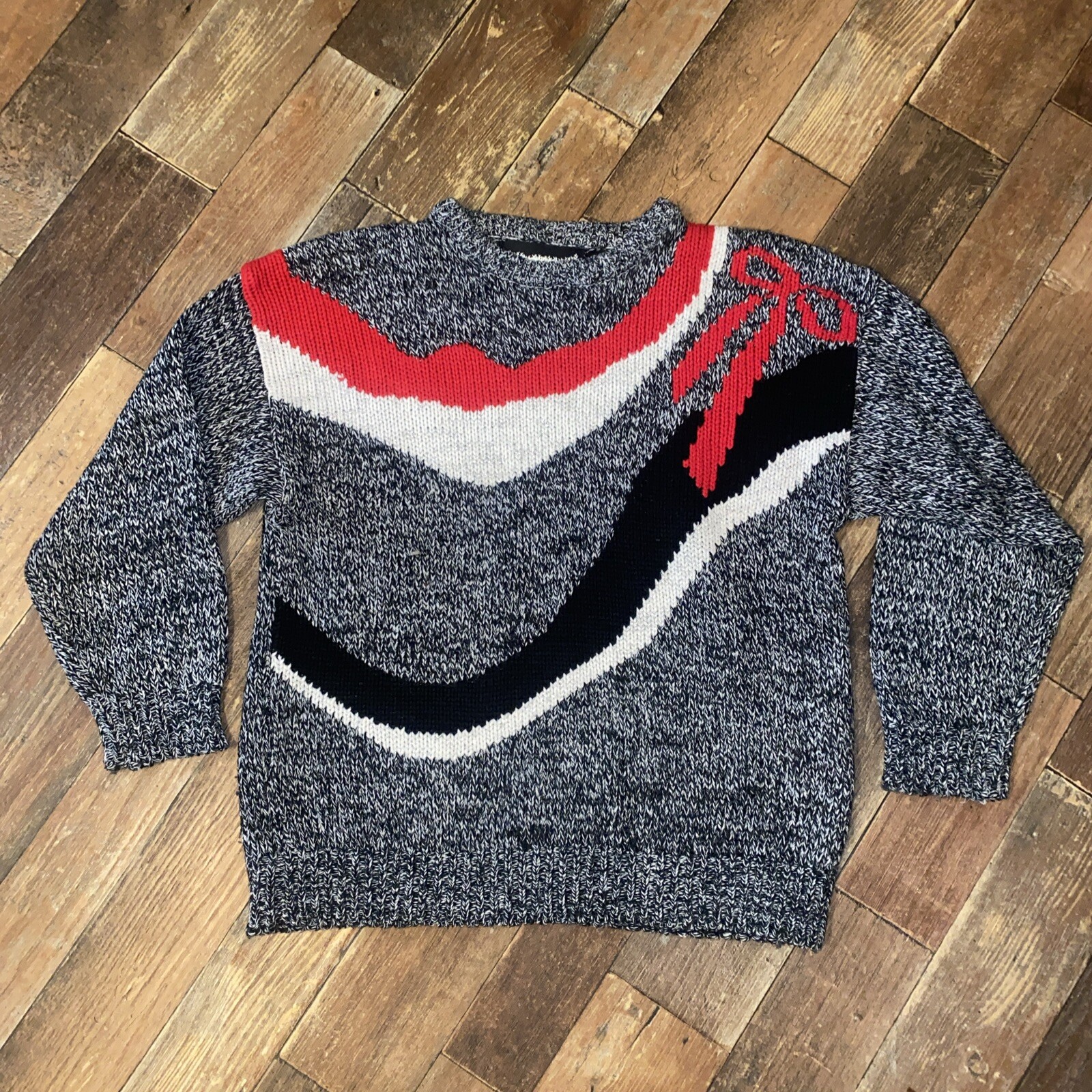Vtg 80s Bramble Lane Womens Gray Red Bow Crew Neck Sweater L Holiday Christmas