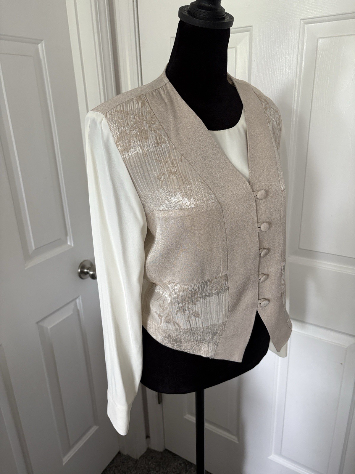 Vintage Just For Petites Beige and Cream Blouse/Vest Combination