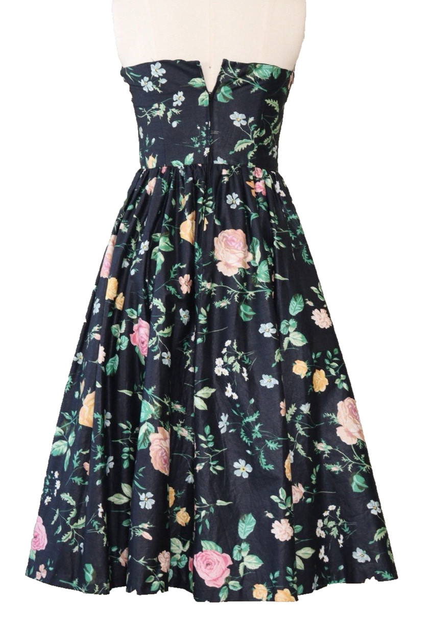 Vintage 80s Cottage Core Black Floral Prom Party Dress Gilbert-Pavell Size 4