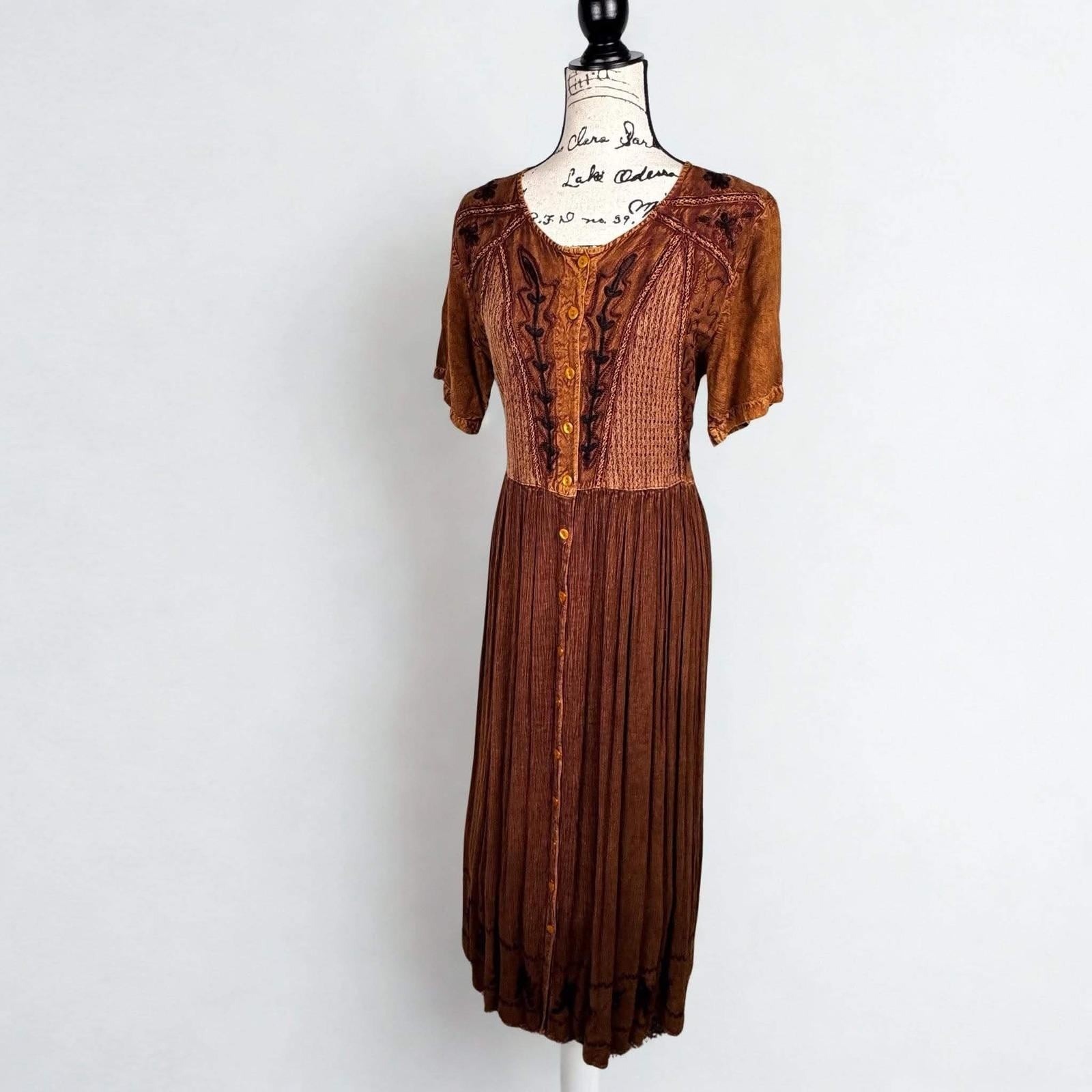 Vtg Brown Maxi Dress Embroidered Tie Back Sz Medium Boho Renaissance Fairy