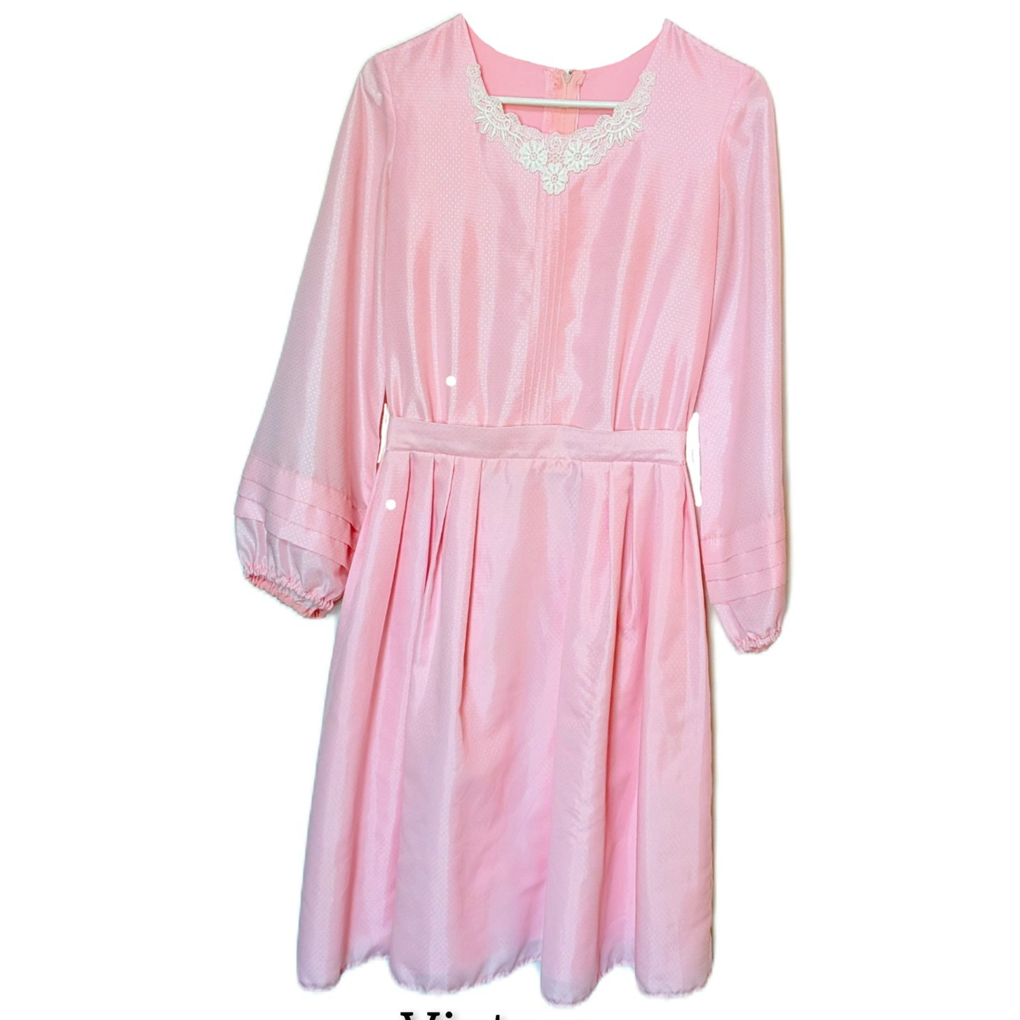 Handmade 1970s Pink Satin Polyester Fit & Flare Dress Lace Neckline M