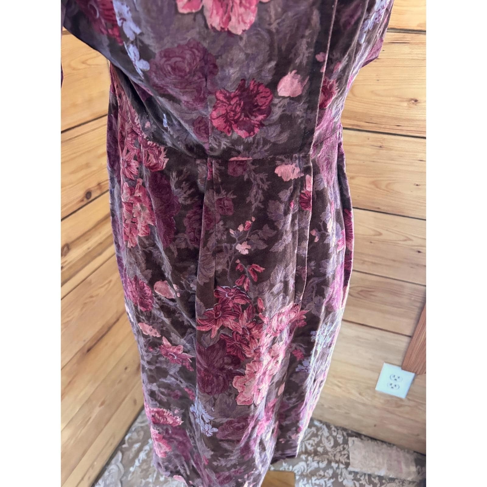 Vintage Thick Velour Floral Midi Dress Womens Large Plum Purple Handmade 70’s