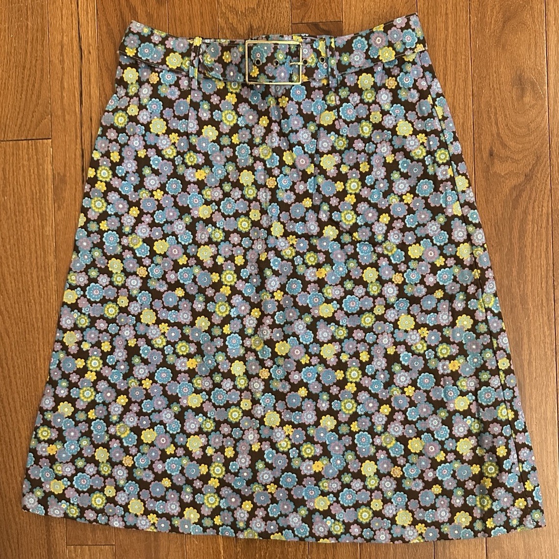 Vintage 60s Floral A-Line Skirt w/ Belt Mod Blue Brown Yellow Size 8, 26″ Waist