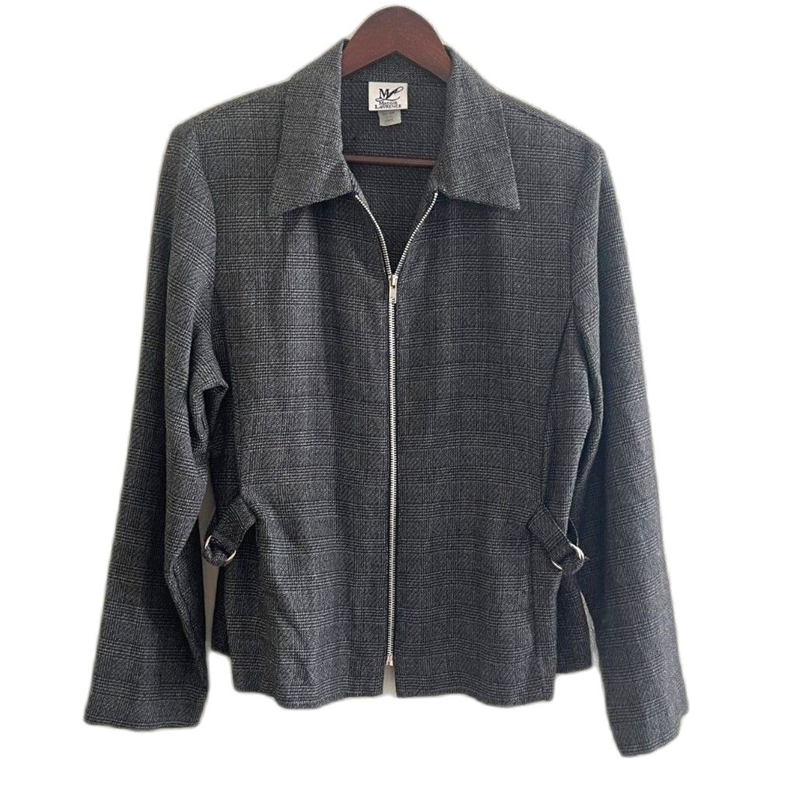 Vintage Maggie Lawrence Cinched Waist Gray Tweed Zip Front Blazer Size L USA