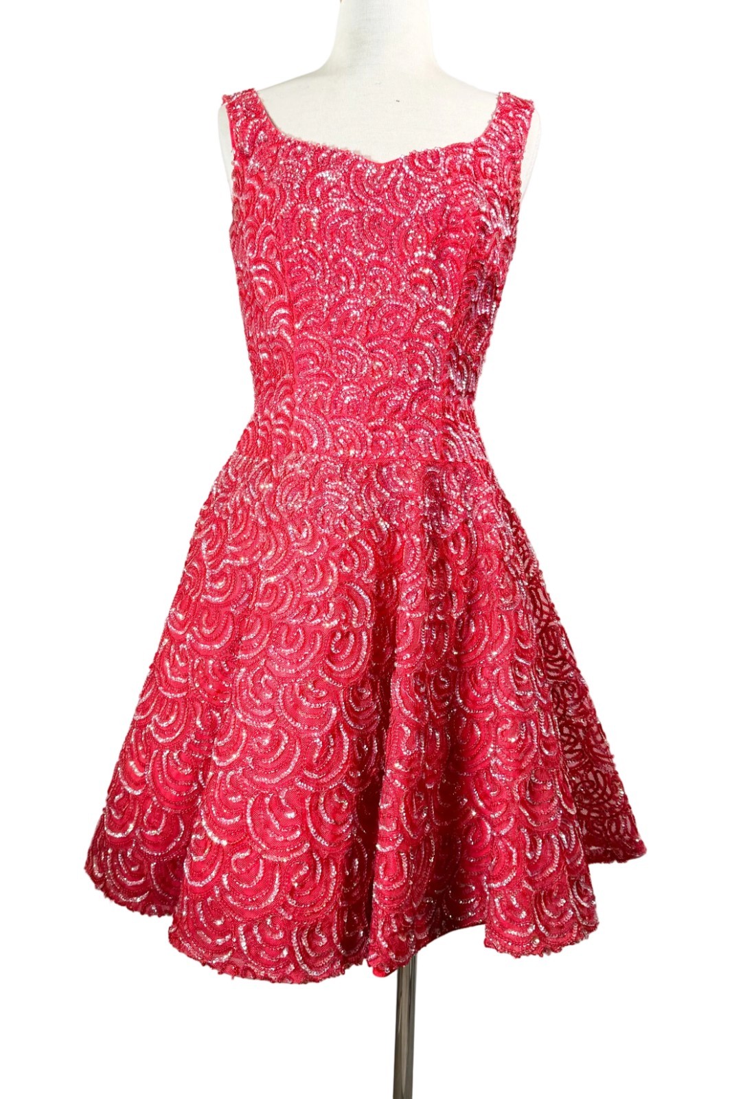 VTG 60s Mike Benet Formals Red & Sequin Party Dress, Fit and Flare SZ 9