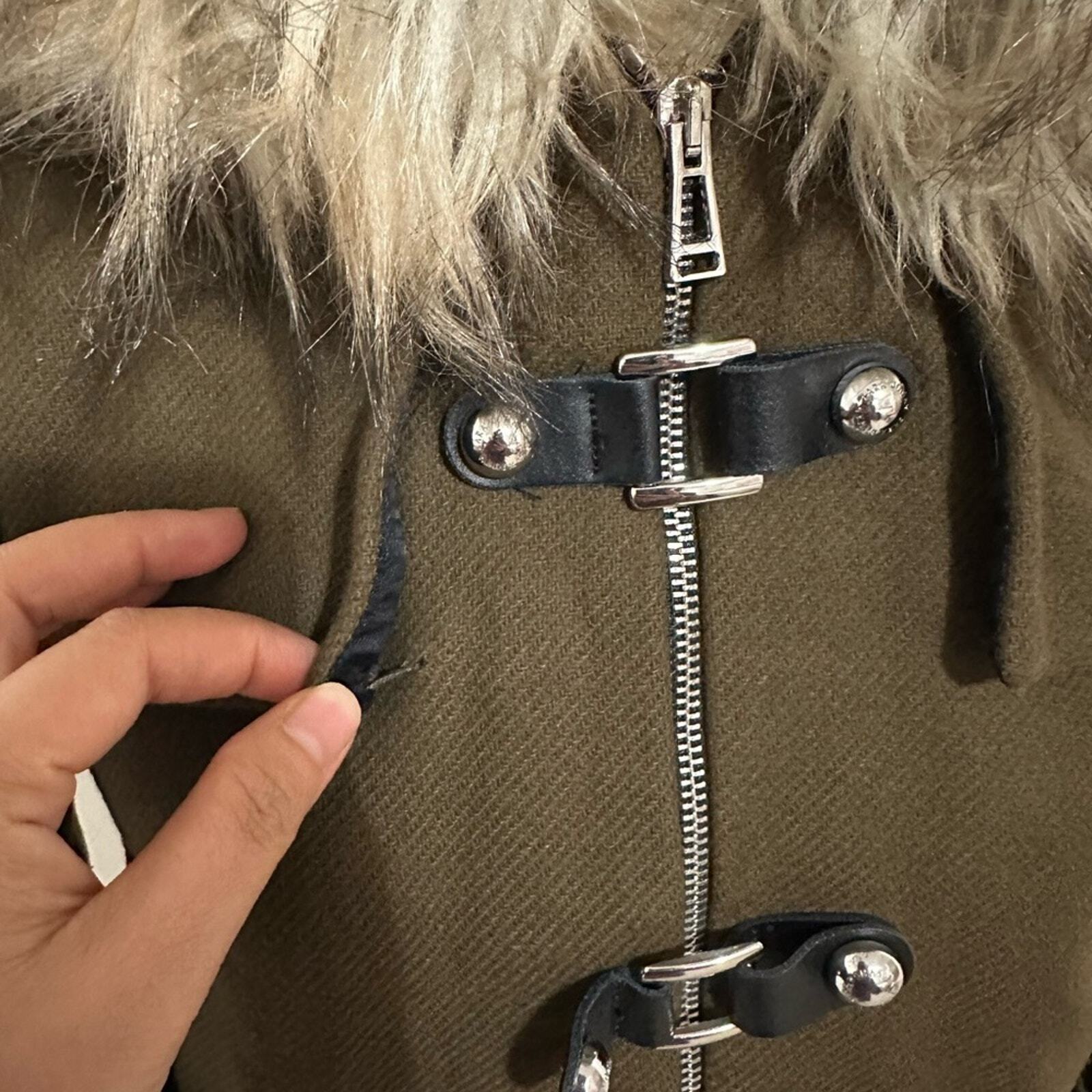 ZARA khaki army green faux fur trim hood duffle coat size XS