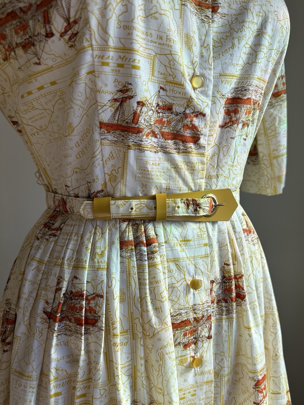 1950s 60s Vintage Map Martha’s Vineyard Nautical Novelty Print Shirtwaist Dress