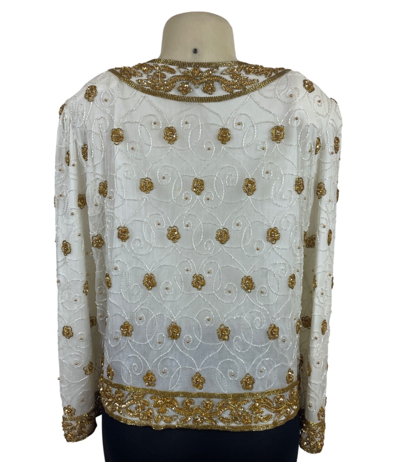 Mark & John Vintage White & Gold Sequined Beaded Jacket With Floral Design Sz XL
