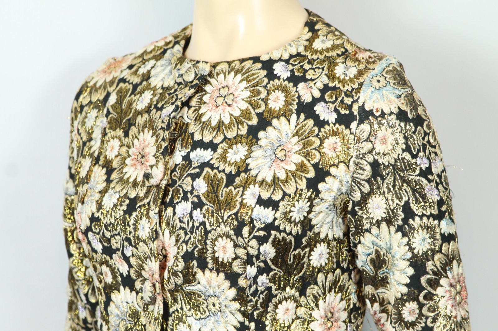 Vtg REVILLON BOUTIQUE PARIS Gold Multi-Color Floral Tailored Jacket Blazer XS/S