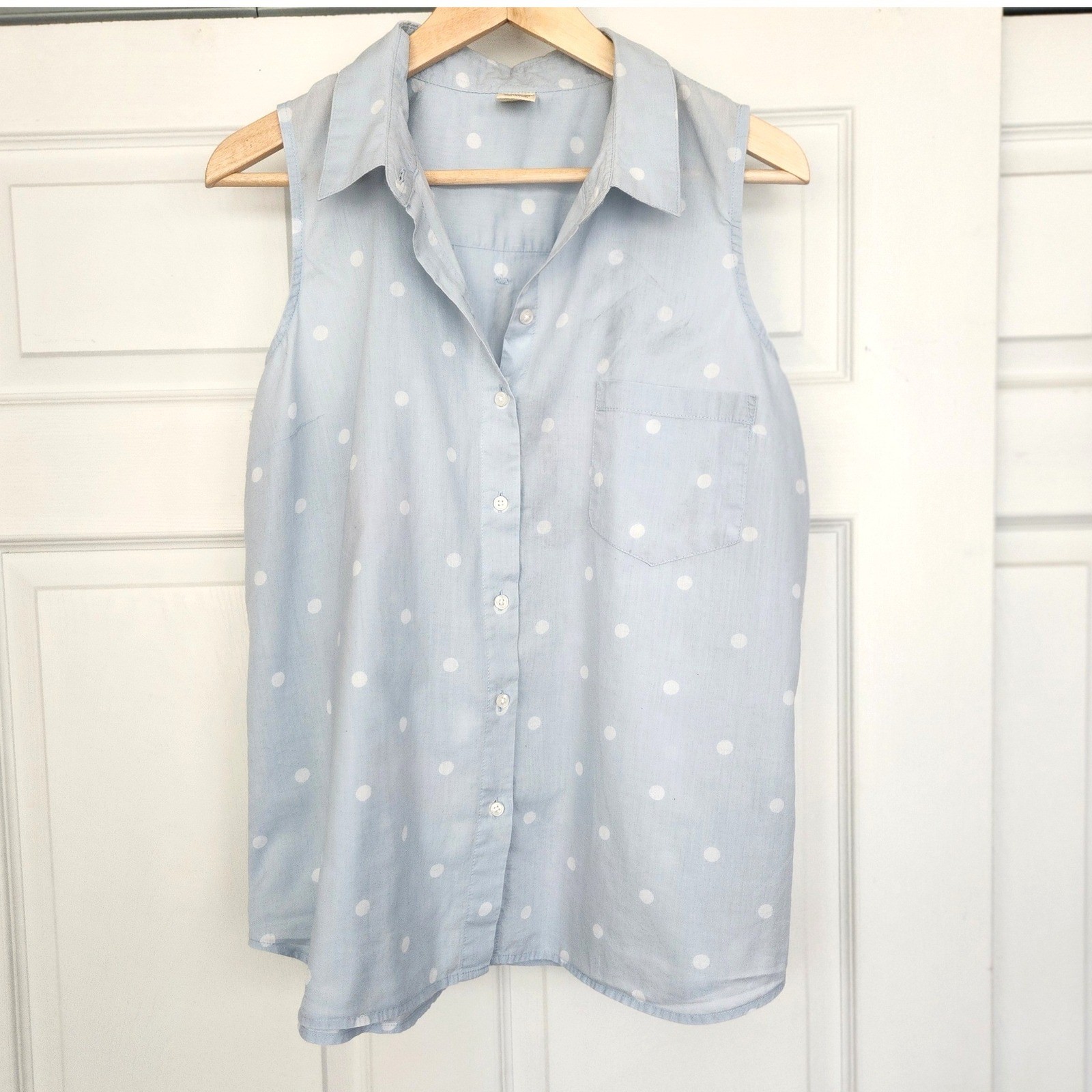 Women’s Vintage Y2K Faded Glory Sleeveless Blue Polka Dot 100% Cotton Shirt XL