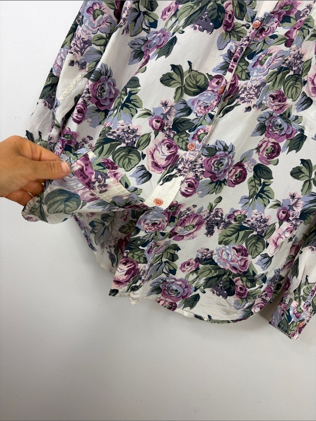 Vintage Silk Blouse Womens Large Gray Purple Green 90s Floral Long Sleeve Top