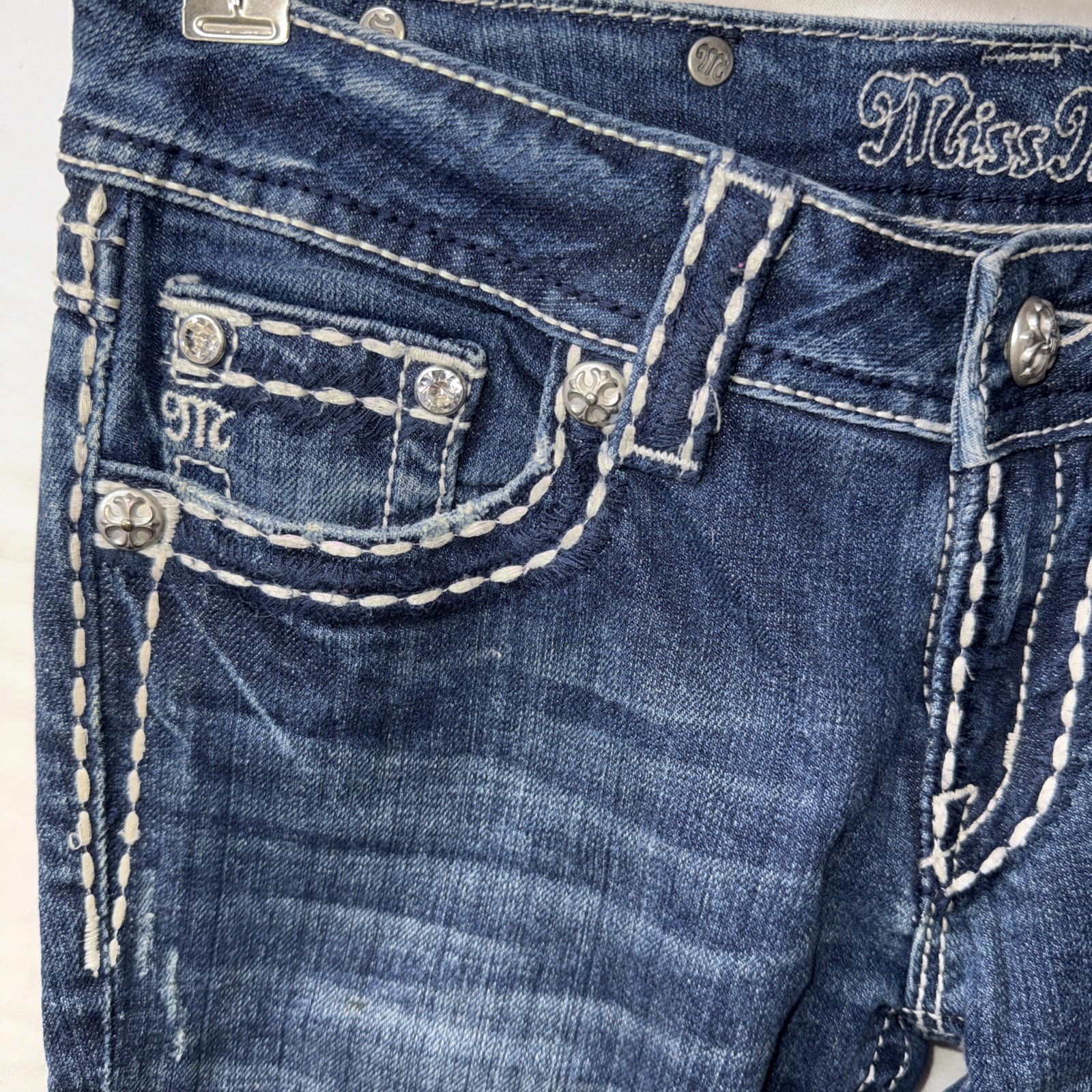 Miss Me Women 27 Boot Cut Dk Wash Jeans Embellished Pockets JP5014 PreO V Gd