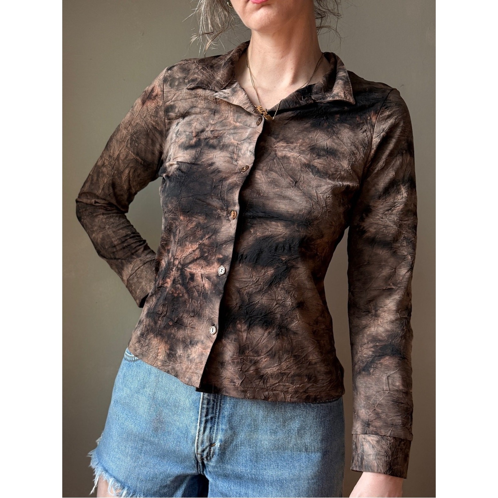 Vintage 90s Tie Dye Button Up Top | Brown Abstract Blouse | Y2K Grunge Fairy | S